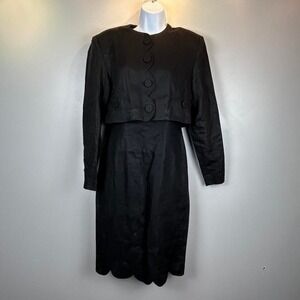 VTG Andrea Jovine Linen Dress & Jacket Set Womens‎ 6 Black Scalloped Hem Retro